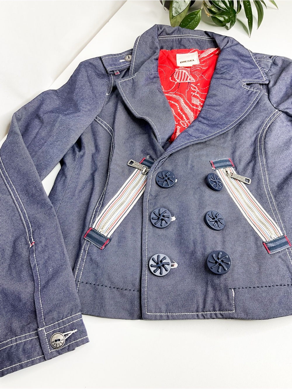 Diesel Navy Double-Breasted Denim Jacket with Red Lining